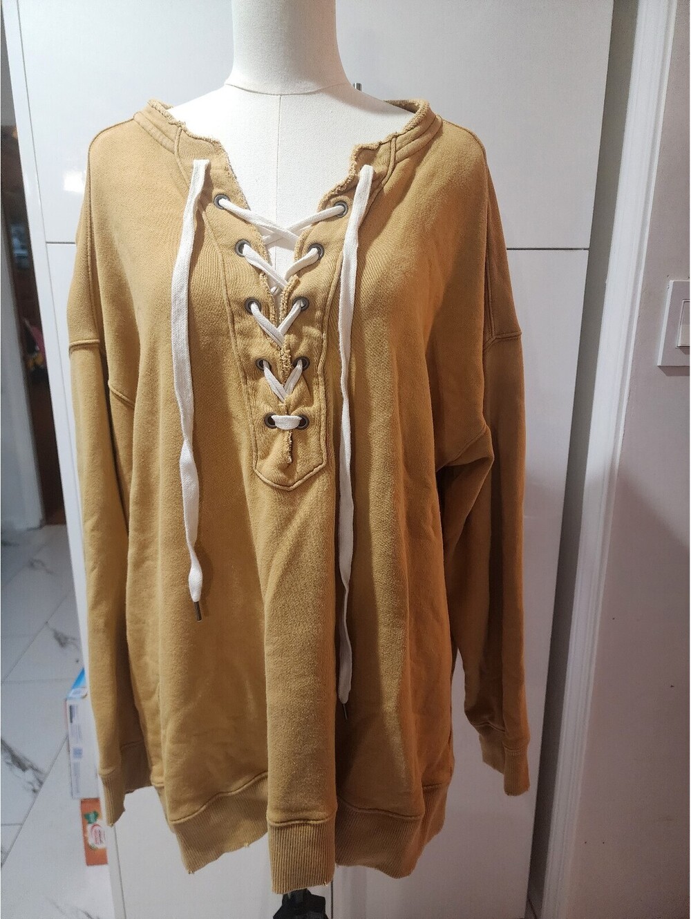 Aerie Women's Large Lace-Up Hoodie Sweatshirt in Mustard Yellow